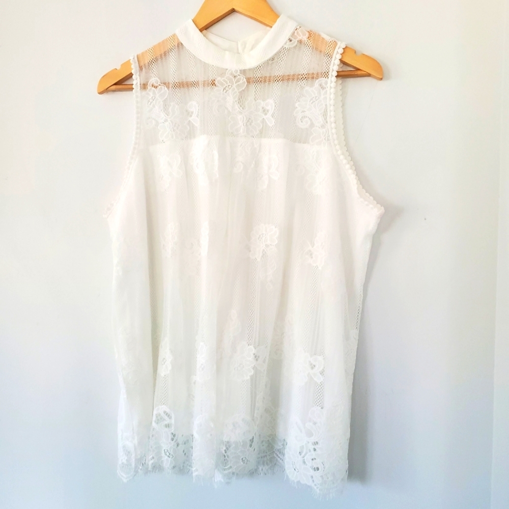 EVE & MADDIE XL White Lace Overlay Halter High Neck Sheer Top Crochet Romantic - Picture 11 of 13